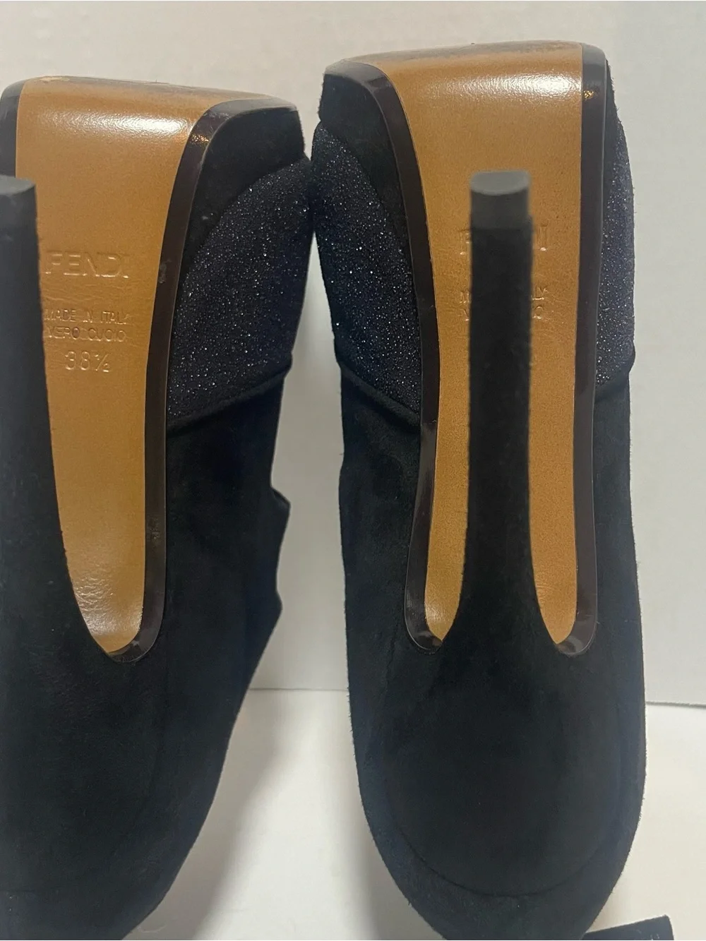 Fendi Black Suede Glitter Peep Toe Platform Booties EU 38.5